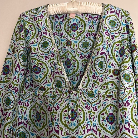 Victoria secret silk long sleeve V-neck tunic top women’s xs cover up blue print - Picture 5 of 10